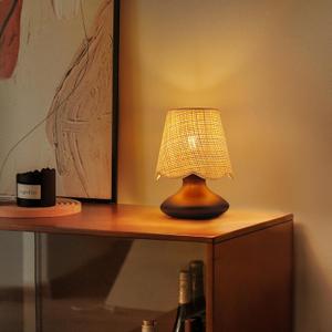 TAKEGO Small Table Lamp with Wooden Base, Rattan Lamp Shade Mini Bedside Wood Lamp, Viantage Farmhouse Table Lamp, Mini Nightstand Light for Kitchen Counter, Bookshelf Lamp, Living Room, Dorm, Office