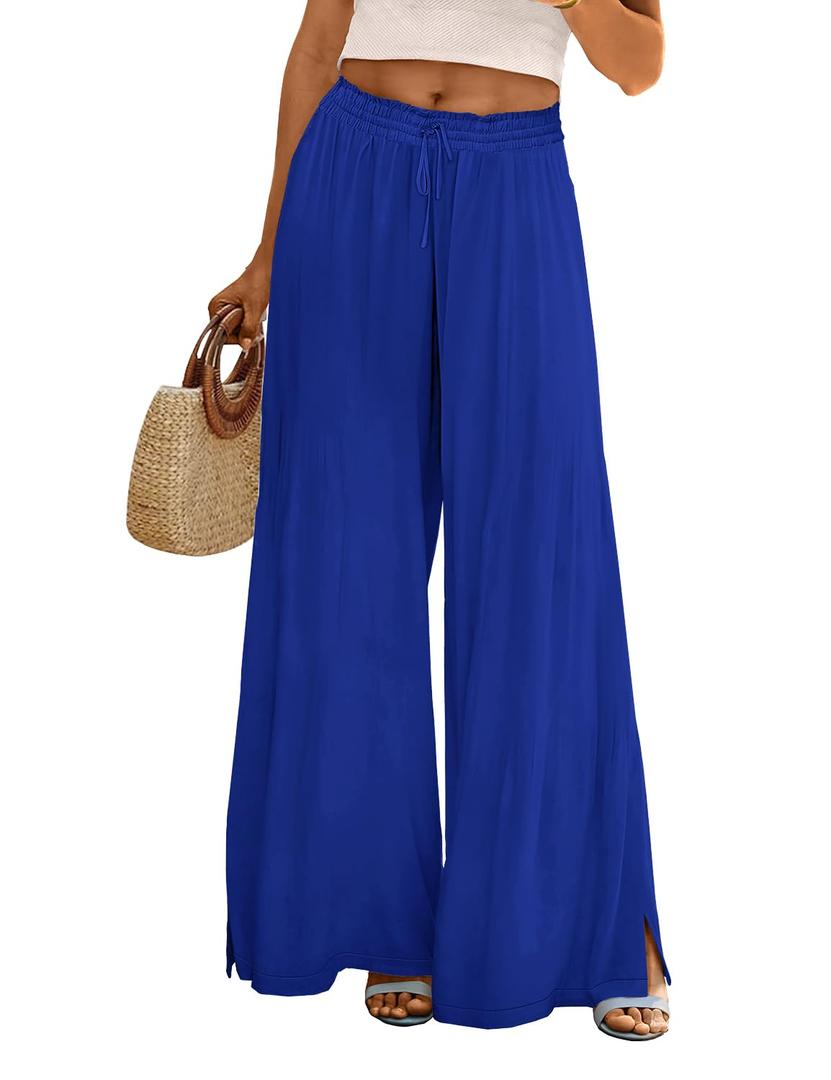 YESNO Women Summer Boho Palazzo Pants High Waist Wide Leg Floral Casual Cotton Lounge Trousers with Pockets L PP0 Solid Royal Blue