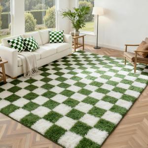 Andency 5x7 Ft Green and White Area Rug for Living Room Classic Checkered Shaggy Rug Non-Slip High Pile Soft Fluffy Rug Fuzzy Carpet Bedroom Kids Toddler Room Nursery Playroom, Cute Dorm Home Decor