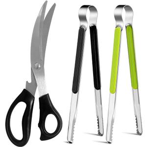 Kitchen Scissors. Korean Barbecue Scissors and Tongs Set, Kitchen Shears and Tongs for Cutting Meat, Chicken, Vegetables, Stainless Steel Multipurpose Non-slip Serrated Sharp BBQ Scissors BBQ Tongs