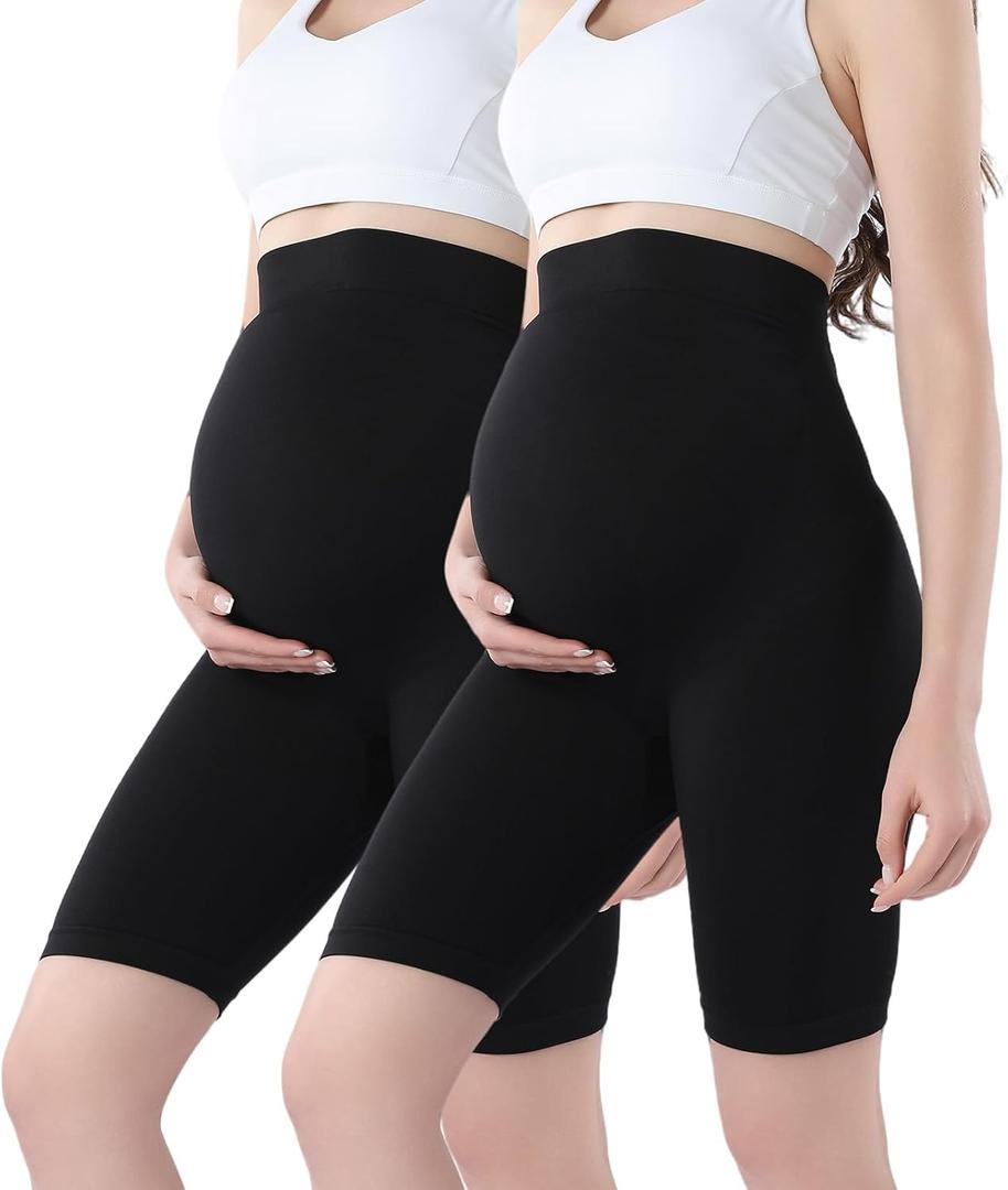 Women Maternity Shorts Pregnant Seamless Biker Shorts Over The Belly Pregnancy Yoga Active Athletic Workout Shorts (Black, XXL)