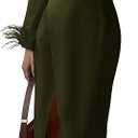 PRETTYGARDEN Women's 2025 Fall Long Sleeve Dress Formal Midi Bodycon Wrap Slit Feather Elegant Wedding Guest Cocktail Dresses, Size M, Army Green