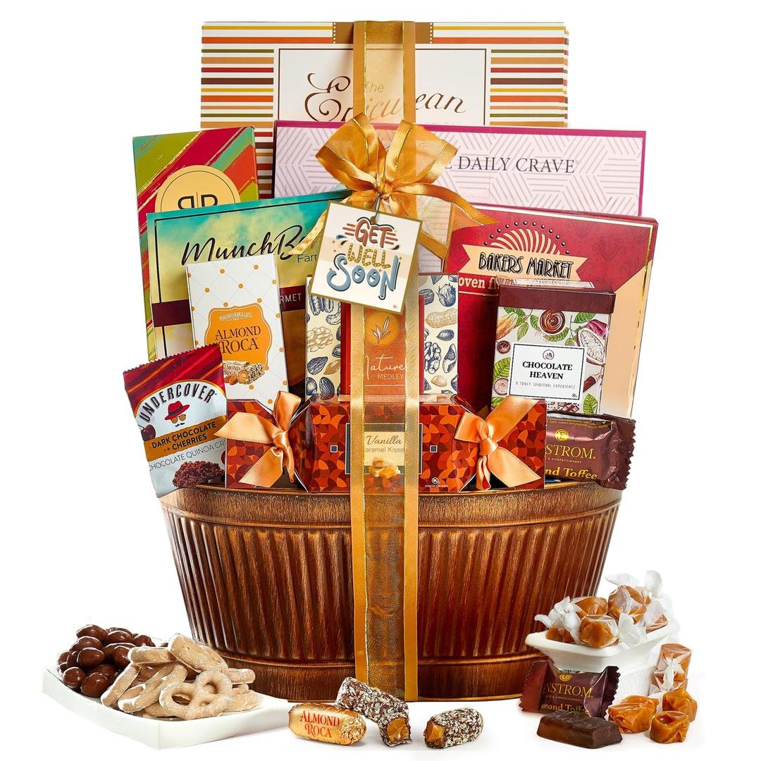 Broadway Basketeers Get Well Basket  Gourmet Care Package with Snacks, Cookies, Chocolates & Treats - Get Well Soon Gift Baskets for Women, Men After Surgery - Feel Better Best Food Gifts to Send