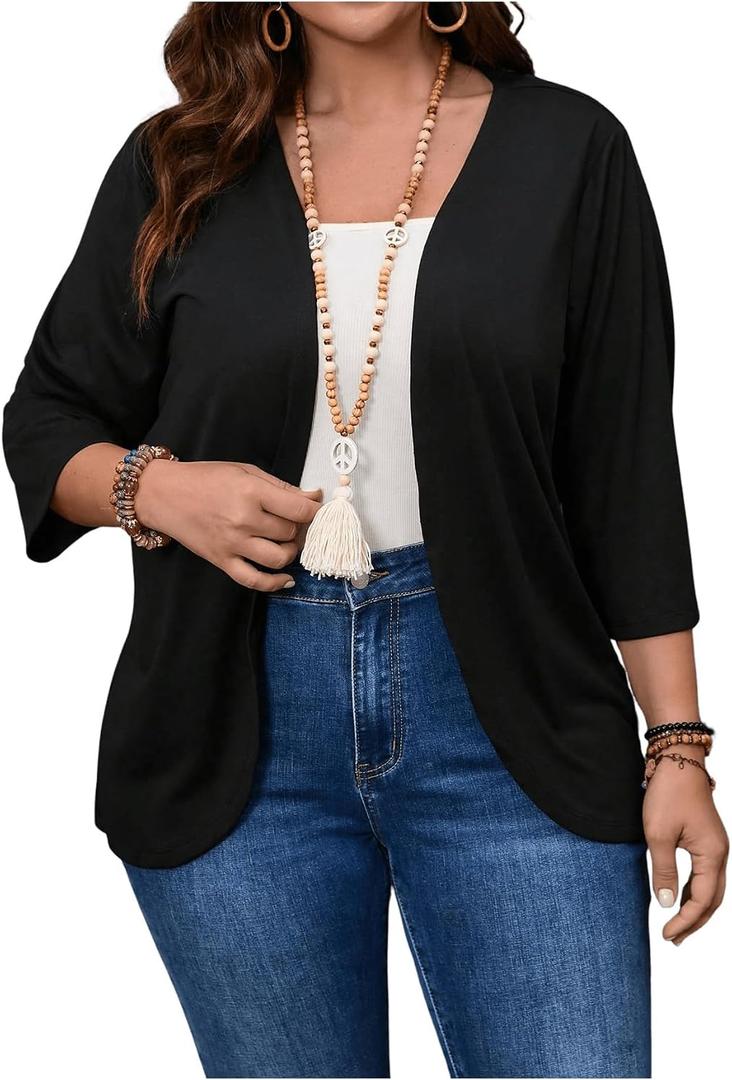 OYOANGLE Women's Plus Size 3/4 Sleeve Open Front Cardigan Dressy Casual Lightweight Jackets Outerwear Black 3X-Large Plus (Black, XXXL)