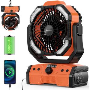 Easywave Camping Fan with LED Lantern: 30000mAh Rechargeable Battery Powered Outdoor Tent, Oscillating Fan with 360 Hanging Hook, Personal USB Desk Fan for Camping, Power Outage, Hurricane, Jobsite