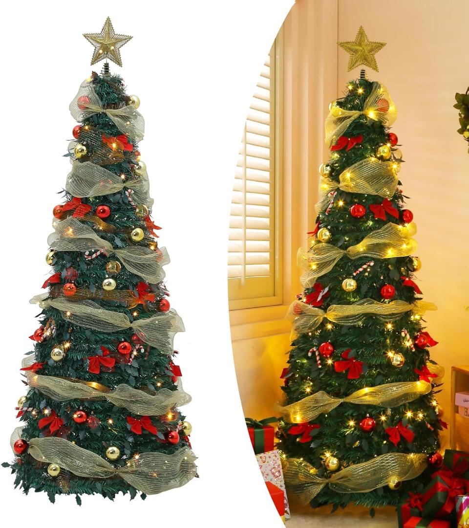 6Ft Prelit Pop Up Christmas Tree with Remote Control Pre-Decorated Collapsible Christmas Tree with Ornamental Star Ribbon Bows Candy Canes 150 LED Warm Light 8 Mode Holiday Party Decor (Green)
