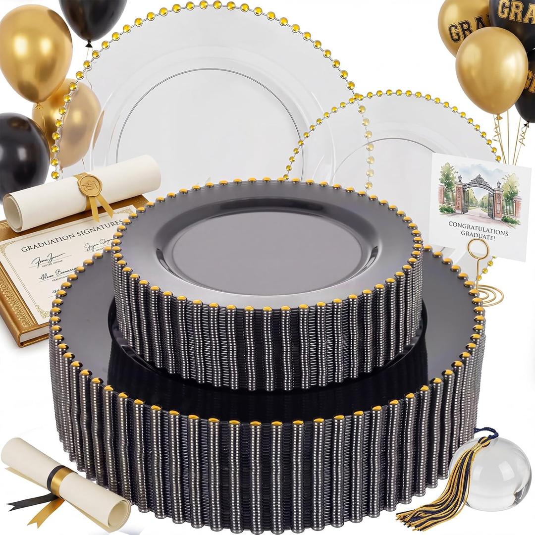 EI 60pcs Clear Black and Gold Plastic Plates Disposable Plates Heavy Duty,10" Dinner & 7" Dessert Clear Black Plate Perfect Wedding,Party,Birthday,Anniversary,Business Events,Graduation Decorations