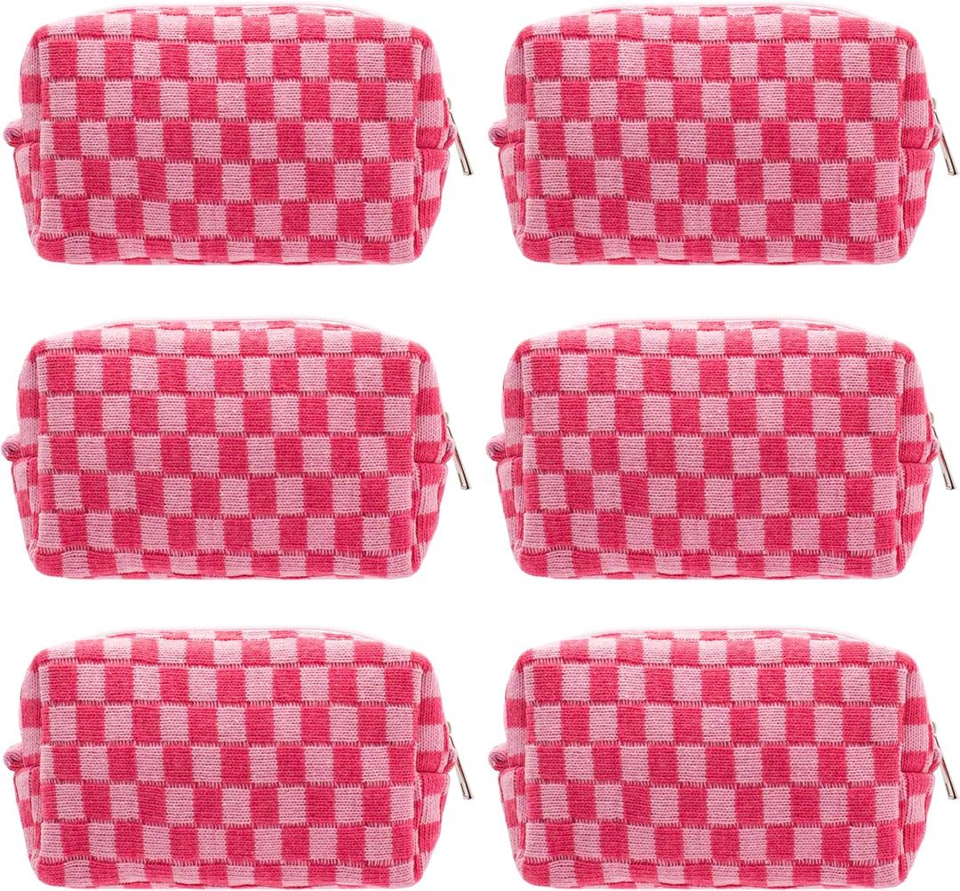 PAZIMIIK Checkered Makeup Bag for Purse Portable Zipper Make Up Pouch Small Cosmetic Case for Travel Accessories (6PCS Hotpink)