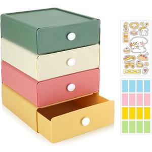 4 Pcs Desktop Organizer Storage, Stackable Storage Boxes with 4 Plastic Drawers, Desk Organizer Drawers with 2 Tabs, Small Office Storage for Stationery Supplies Makeup Dorm Bathroom (4 Colors)