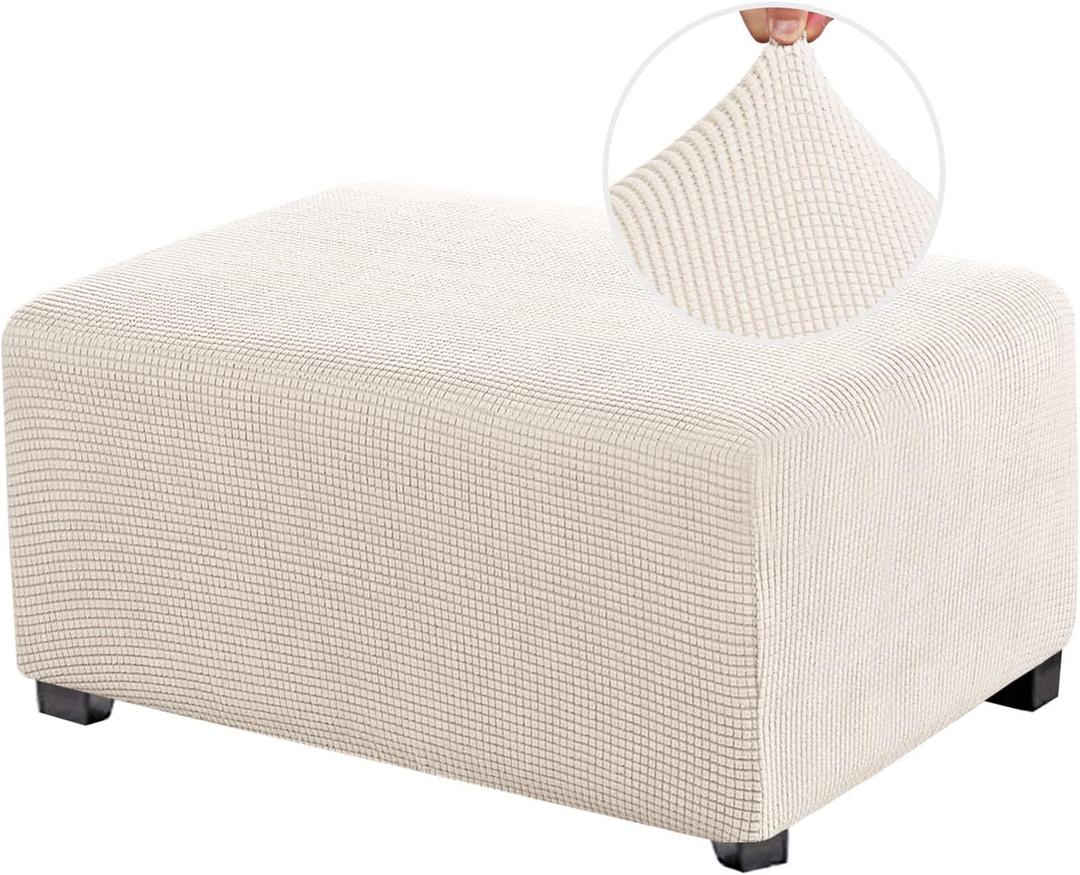 PrinceDeco Stretch Ottoman Cover Slipcovers Rectangle for Living Room Foot Stool Covers to Fit Ottoman Foot Rest, Thick Checked Jacquard Fabric with Elastic Bottom (Oversized Ottoman, Ivory) (X-Large)