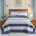 100% Cotton Oversized Queen Bedspread 102"x120" - Lightweight Vintage Farmhouse Quilt with 2 Pillowshams, Reversible Printed Floral Striped Bedding Coverlet Set, 3 Pcs, Dark Blue/Brown/Cream