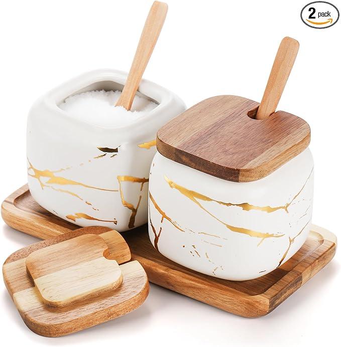 Dicunoy 2 Pack Ceramic Sugar Bowl with Lids and Spoons, Salt and Sugar Container, White Porcelain Sugar Coffee Container, Condiment Spice Pots with Wooden Tray for Bar Table, Kitchen, Countertop