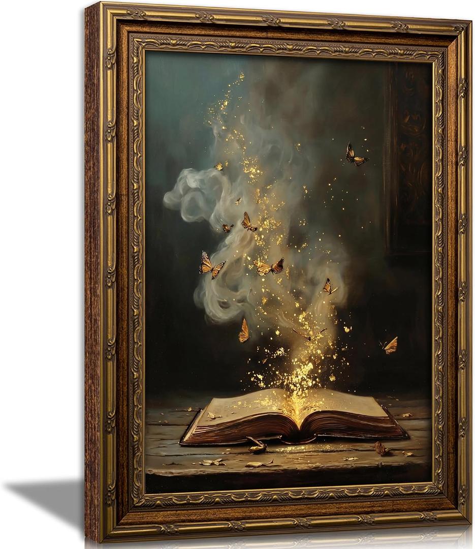 Vintage Gold Framed Moody Victorian Bookish Wall Art, Butterfly Hovering Over the Book Wall Decor, Dark Academia Fantasy Painting Poster, Magic Reading Nook Artwork for Gallery Library Bookstore, 24"LX16"W