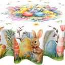 Vrysenium Easter Tablecloth Round 60 Inch Watercolor Bunny Eggs Floral Butterfly Table Cloth Circle Rabbits Flower Table Cover Tabletop for Home Decor Dining Room Kitchen Party Picnic
