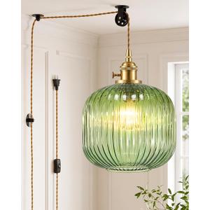 Green Glass Plug in Pendant Light with 15ft Cord and On/Off Switch