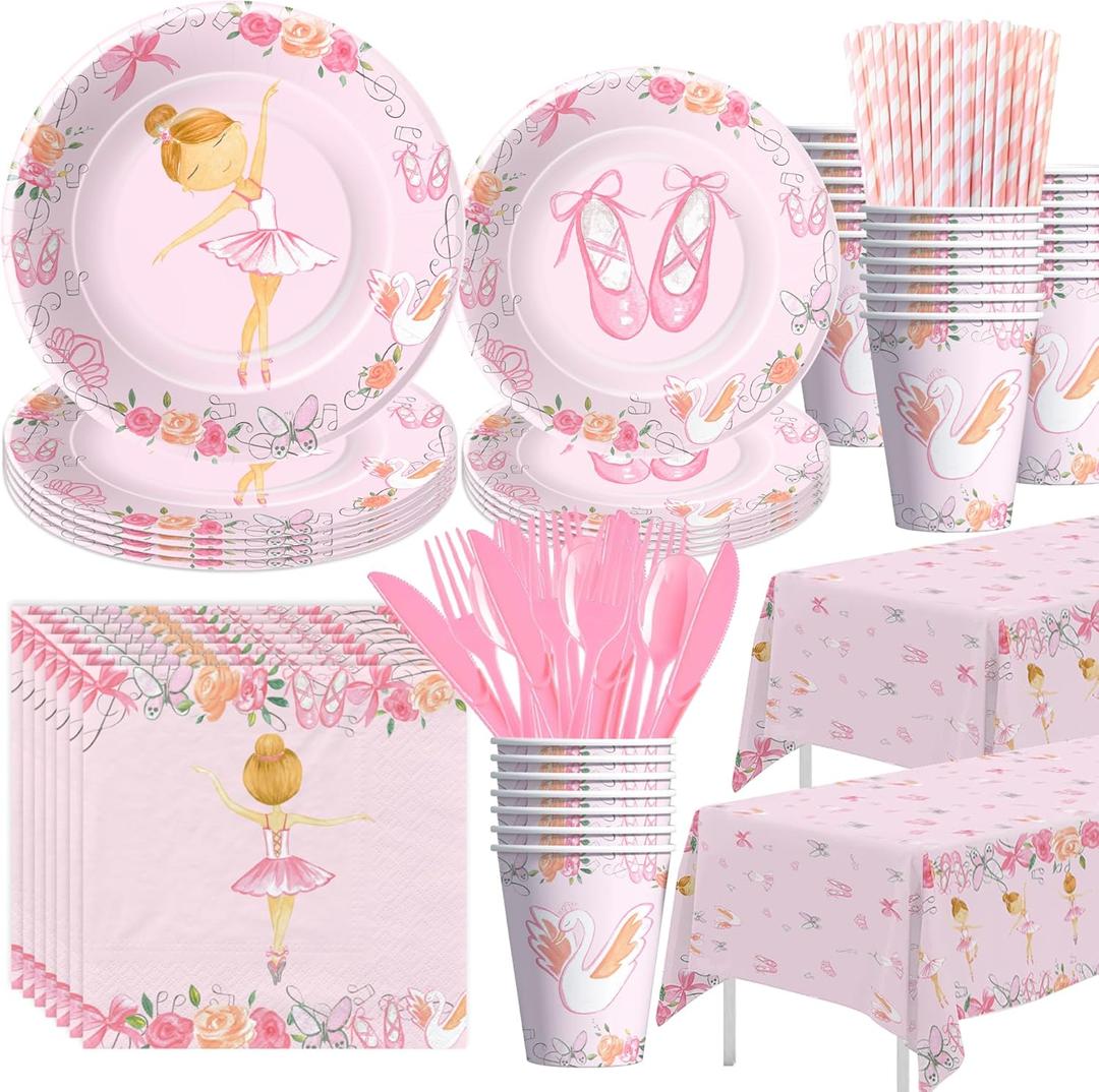 Xigejob Ballerina Birthday Party Decorations Tableware - Dancing Girl Ballet Party Supplies, Plate, Cup, Napkin, Tablecloth, Cutlery, Straw, Ballerina Theme Ballet Dance Party Decorations | Serve 24