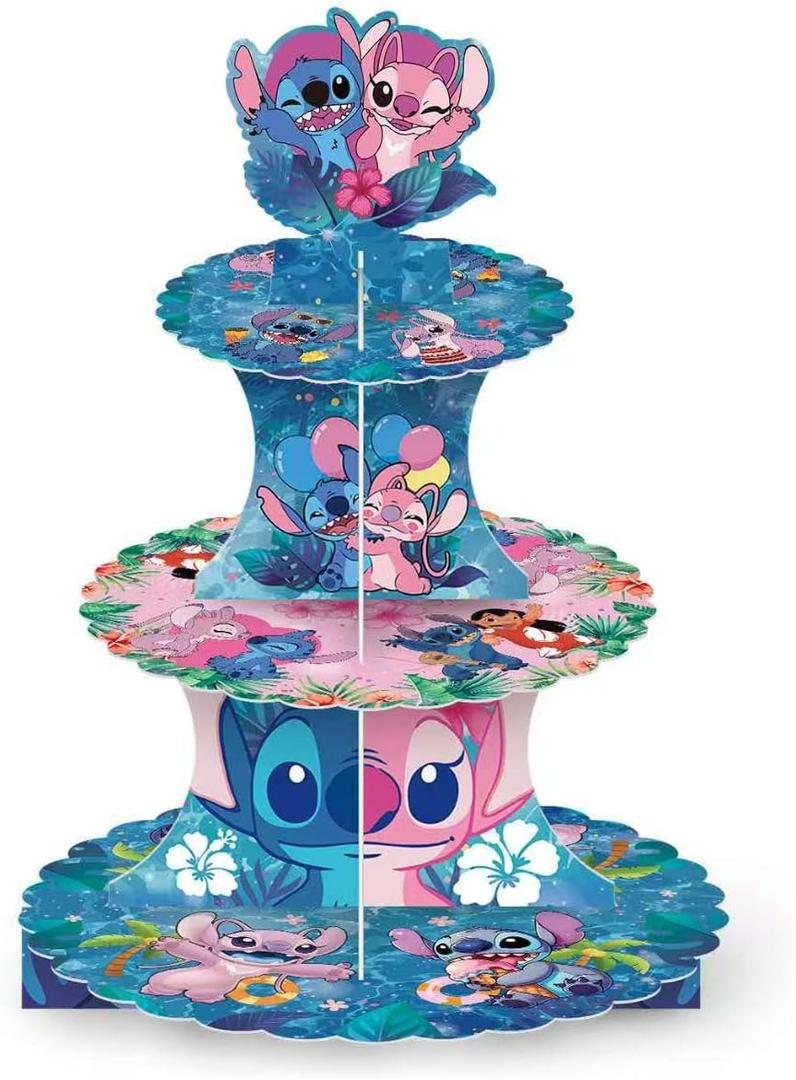 For Stitch Themed Party Supplies and Decorations, a Three-Tiered Cupcake Stand, a Display Stand for Birthday Desserts and Cakes, which is Suitable for Cute-Style Birthday Decorations.