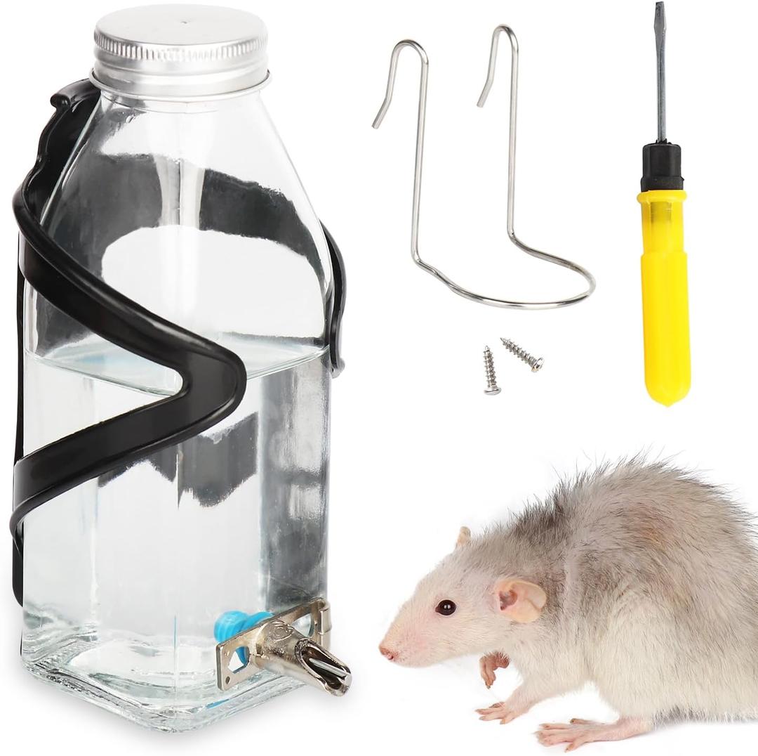 Hamster & Parrot Bird Automatic Drinking Device, Chinchilla & Bunny Rabbit No Drip Chew Proof Glass Water Bottle (Spout-Silver)