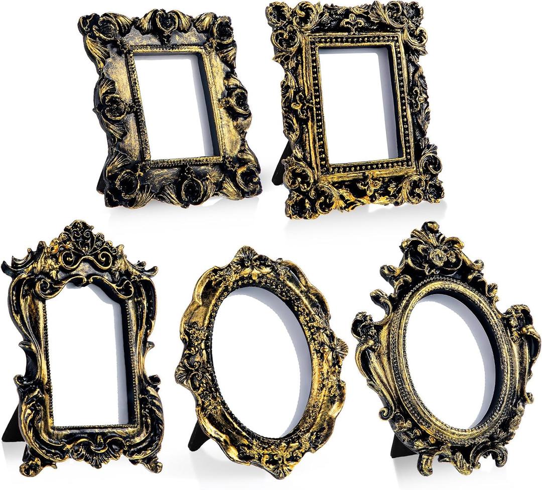 Maitys 5 Pcs Mini Picture Vintage Frames with Stands Tiny Antique Photo Baroque Ornate Resin Oval Frame Table Top Display Home Wedding Decor (Black Gold)