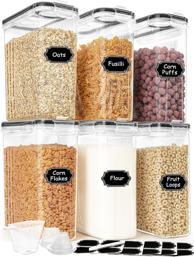 HKJ Chef Cereal Containers Storage Set (4L / 135.2oz), 6PCS Airtight Food Storage Containers with Lids, Cereal Dispensers for kitchen Pantry Organizers and Storage with Pour Spout, 20 Labels, Marker