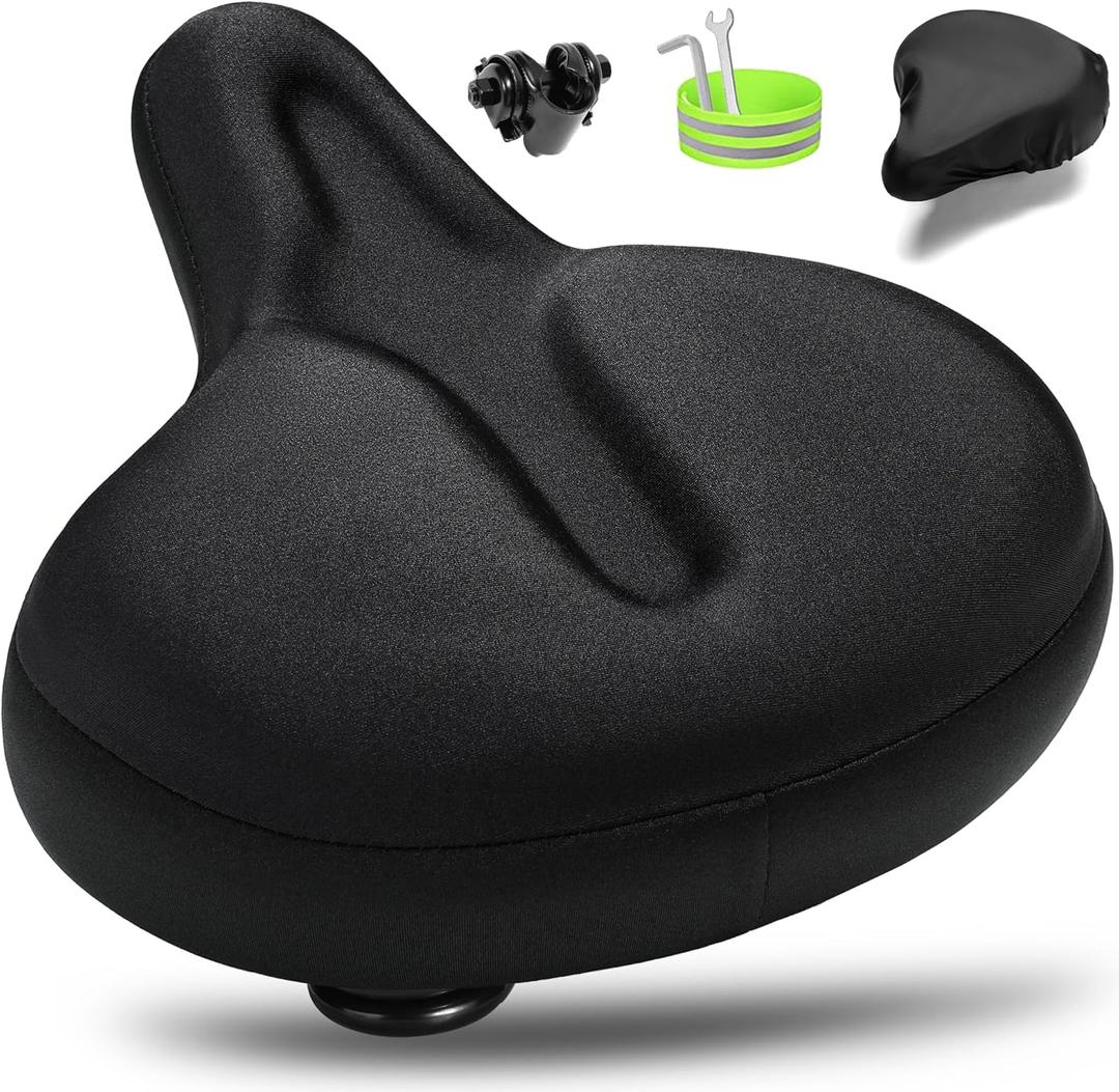 Oversized Bike Seat for Men & Women, Comfortable Gel Padded, Extra Wide Bicycle Seat Cushion Comfort, Replacement Saddle for Peloton, Stationary Exercise Bike, Mountain Bike, Cruiser, City Bike (Black)