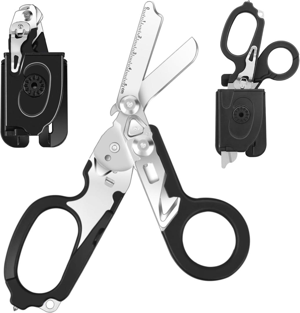 6 in 1 Multi-function Foldable Trauma Shears with Compatible Holster, Outdoor Camping Emergency Tools Emergency Response Scissors with Strap Cutter and Glass Breaker (Black)