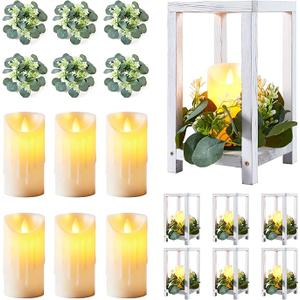 Neoflavie 16 Set 48 Pcs Wooden Wedding Lantern Centerpiece, Include 16 Wooden Candle Holders 16 LED Candles 16 Eucalyptus Leaves Wreath for Rustic Table Decoration, Country Barn Wedding, Party-Retro White