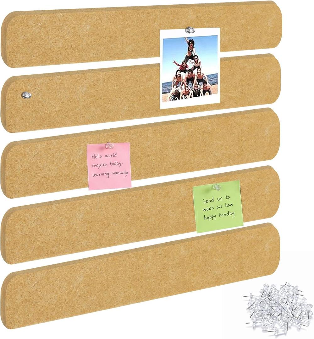 Thboxes 5 Pack Felt Bulletin Board Strips, 13x2 Inch Self Adhesive Felt Pin Boards with 30 Pushpins, Cork Board for Walls Home Office Decor(Brown)