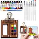 Mini Watercolor Paint Set, Portable Watercolor Paint Travel Set, Pocket Watercolor Travel Kit with 12 Color, Wooden Grid Paint Box, Sketchbook, 6 Brush, for Beginners, Artists Enthusiasts(Wooden-S)