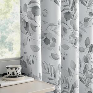 100% Blackout Curtains 90 Inches Long for Bedroom, Grey Floral Printed Curtains for Living Room Darkening Thermal Insulated Watercolor Patterned Drapes, Grommet Window Curtains 2 Panels