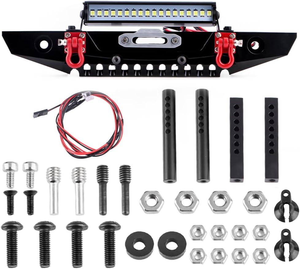GLOBACT Metal Front Bumper with Lights Bar Tow Trailer for Traxxas TRX4 Axial SCX10 90046 90047 SCX10 II III 1/10 RC Crawler Upgrades Parts