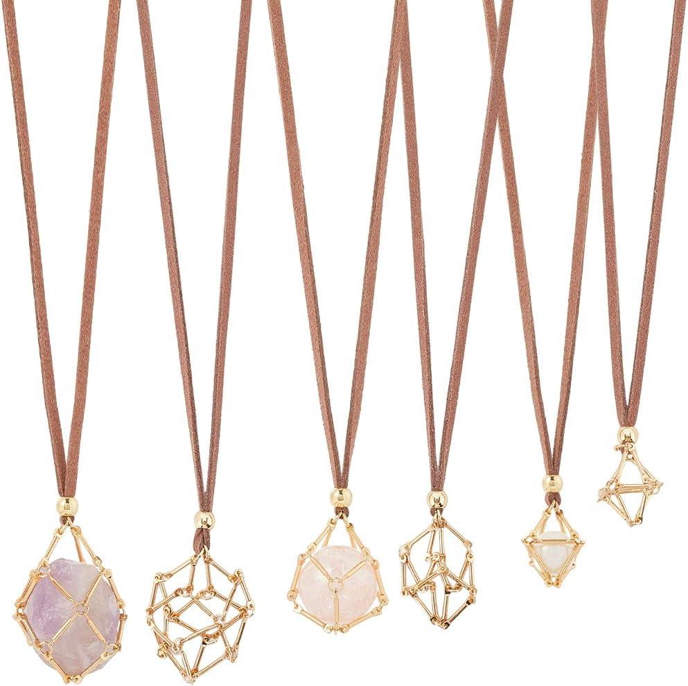SUNNYCLUE 1 Box 6pcs 3 Size Crystal Necklace Holder Stone Cage Holders Gold | Metal Brass Bar Connected Empty Gem Stone Cage, Includes Chain, Faux Suede Cords, For Jewelry Making Wedding Gifts