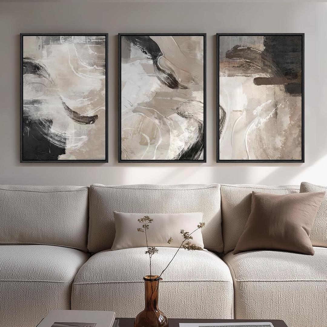 Framed Neutral Abstract Wall Art, 3 Piece Modern Minimalist Canvas Prints Paintings Artwork for Walls, Black Beige Brown Neutral Tone Pictures for Living Room Dining Room Bedroom Wall Decor 16x24 In, 16" W x 24" H x 3Pcs