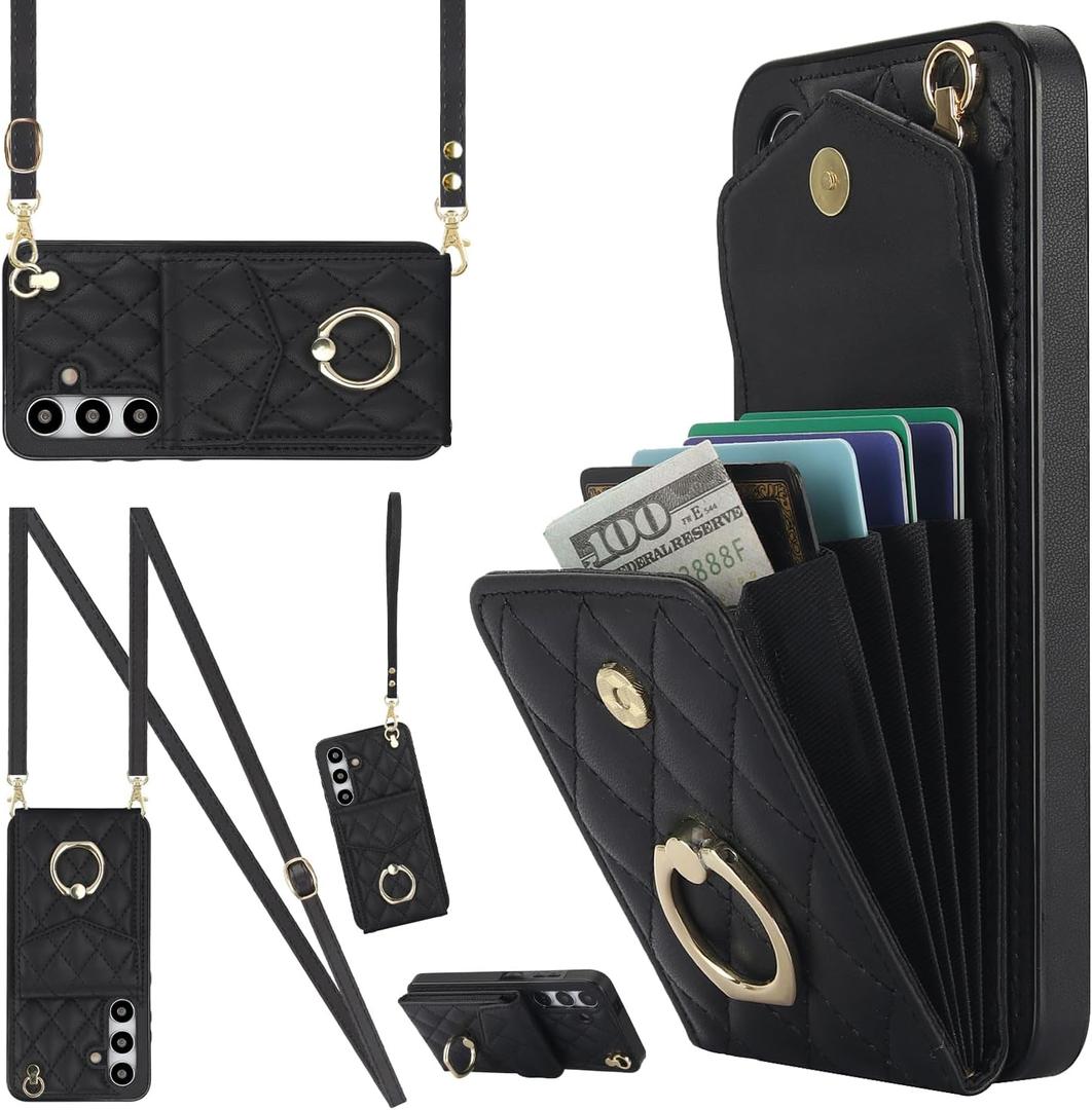 MRRSIWEI for Samsung Galaxy S25+ / S25 Plus (Not S25) Wallet Case with Card Holder, PU Leather with Crossbody Lanyard Wrist Strap Kickstand Cover for Women Case for Samsung S25 Plus.Lanyard Black