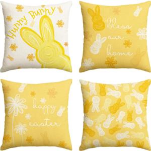 AVOIN colorlife Happy Easter Hunny Bunny Yellow Throw Pillow Covers, 18 x 18 Inch Bless Our Home Flowers Cushion Case Decoration for Sofa Couch Set of 4