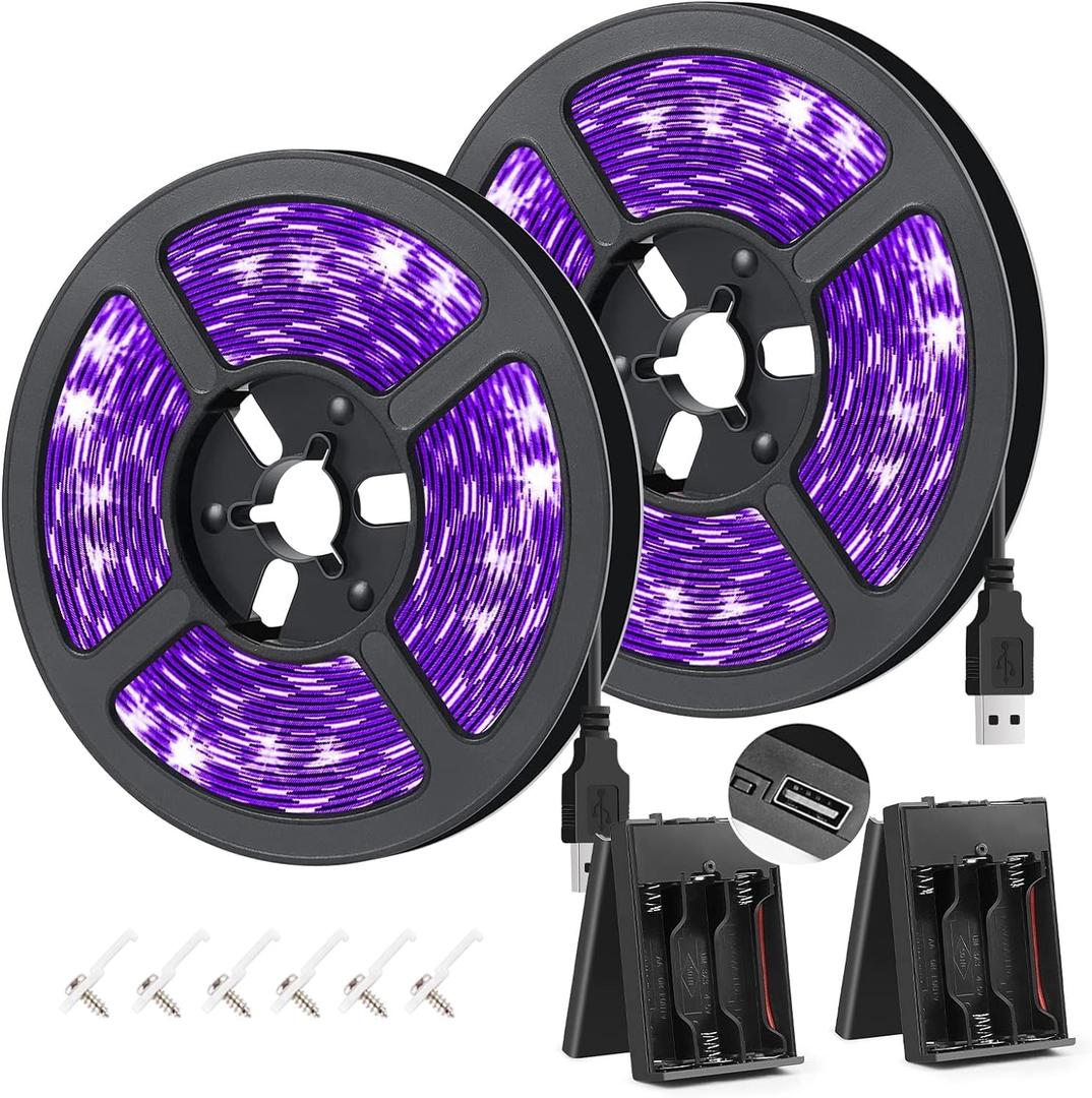 YGS-Tech 16.4FT UV Black Light LED Strip, 3528 385nm-400nm USB UV Light Strip, Non-Waterproof Blacklight Strip with Battery Box, for Fluorescent Dance Party Body Paint(2 Pack)