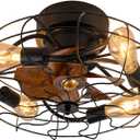 DACHUI Rustic Caged Ceiling Fans with Lights and Remote, 20" Low Profile Ceiling Fan with 6 Speeds 3 Timing and Reversible Farmhouse Flush Mount Bladeless Ceiling Light Fixture (Black-20 inch)