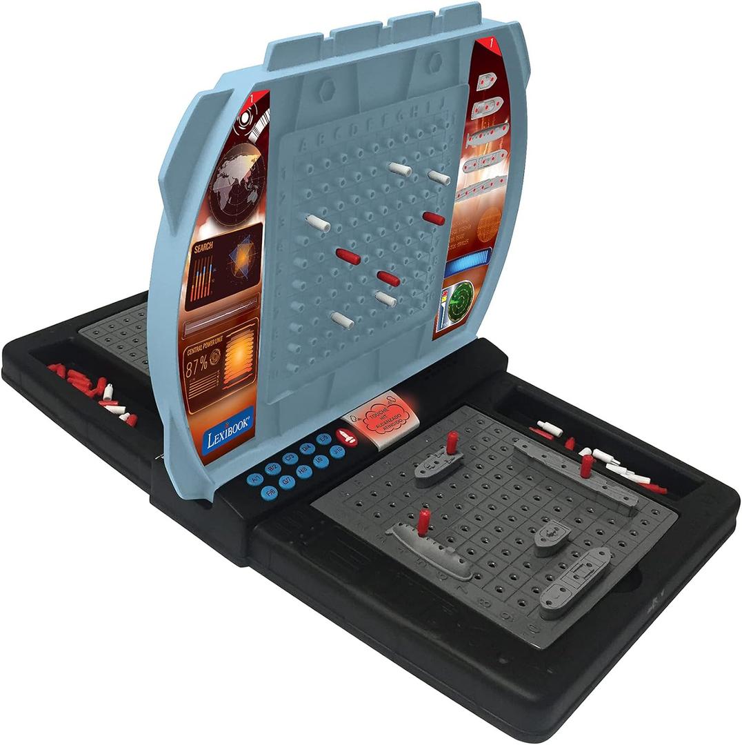 LEXiBOOK Talking Sea Battle (French, English, Spanish, Portuguese), Electronic Board Game 1 or 2 Players, Interactive, Light and Sound Effects, Strategy, Battery Operated, Grey/Black, GT2800US