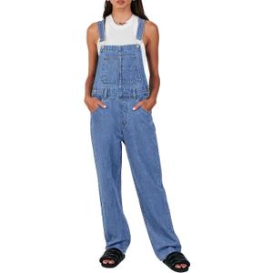 ANRABESS Overalls for Women Loose Fit Denim Overalls Adjustable Strap Jean Jumpsuit Bib Romper Spring Casual Work Outfits (Medium, B Washed Blue)