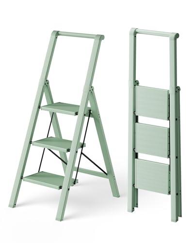 HillhutApex Aluminum 3 Step Ladder, Step Stool Foldable Ladder(Pale Green)