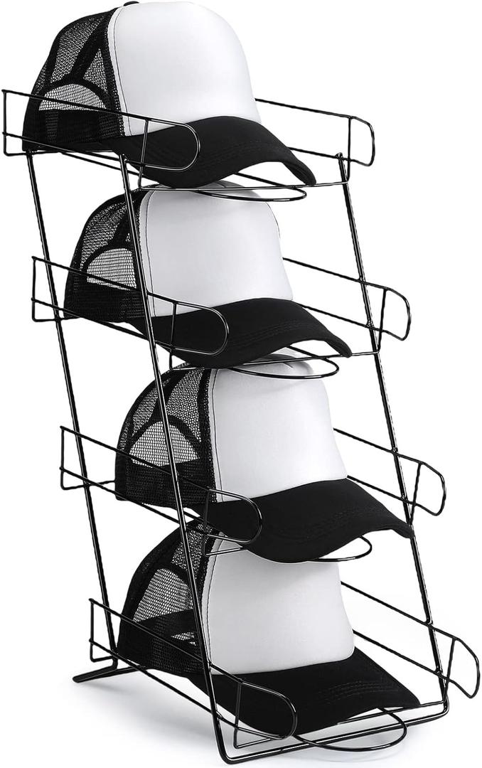 Zonon 4 Tier Hat Display Stand Wire Countertop Hat Display Rack boutique Baseball Cap Rack for Retail, Table Top, Bedroom, Entryway (Black)