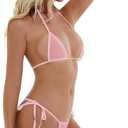 Oneheekini Women Hot See Through Micro Thong Bikini Triangle Halter Bathing Swimsuits (Pink)