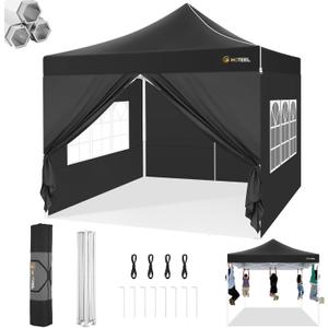 Hoteel 10x10 Pop Up Canopy Tent Heavy Duty with 4 Sidewalls, Waterproof Party Tent, Easy Set-up Commercial Instant Tents with Hand Bag & Rope & Nail, Hexagonal Leg