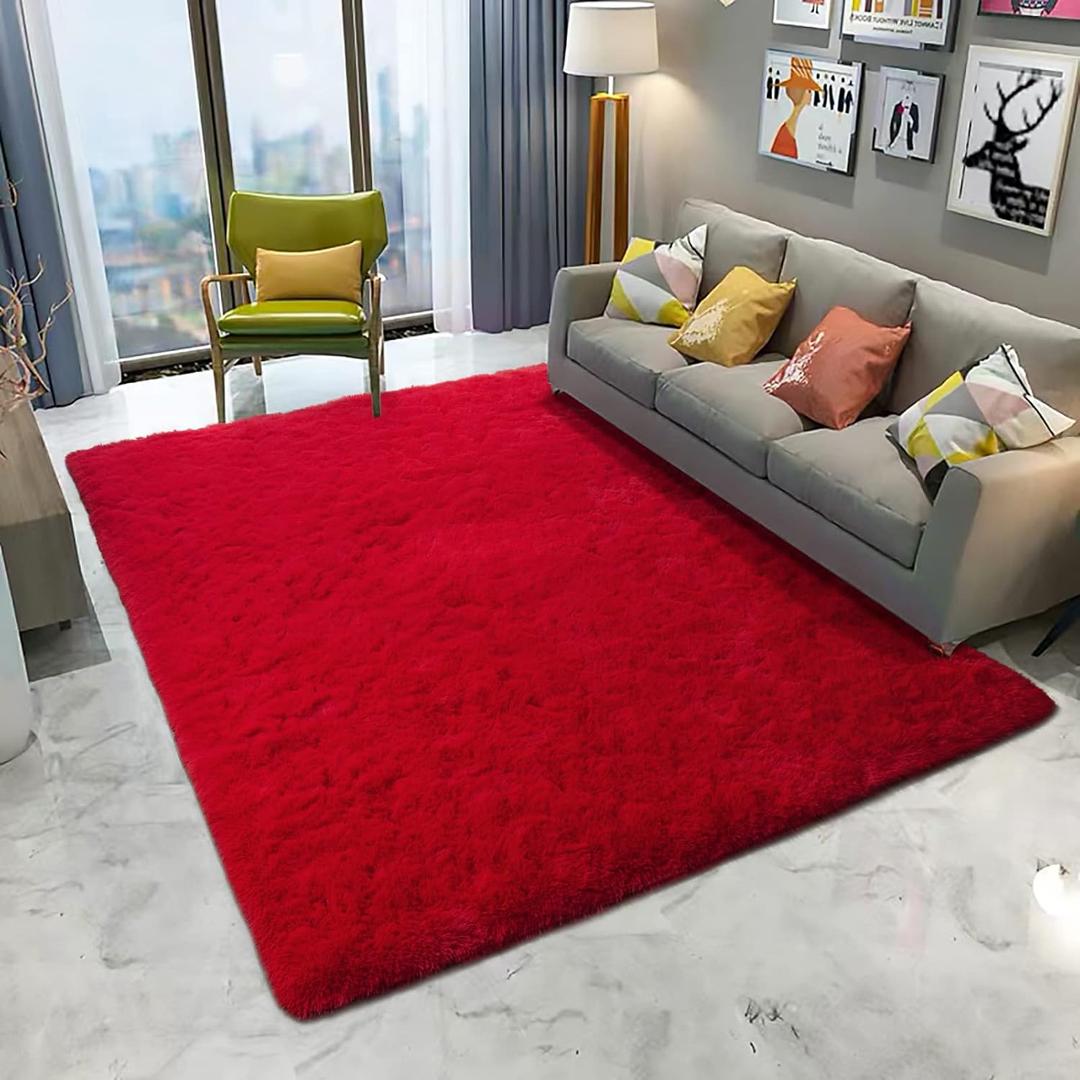 DETUM Red Rug 6x9 Feet - Fluffy Red Area Rugs for Bedroom Shaggy 6' X 9' Living Room Rug Soft Rugs for Kids Room Non-Slip Nursery Office Dorm Washable Carpets Home Decor