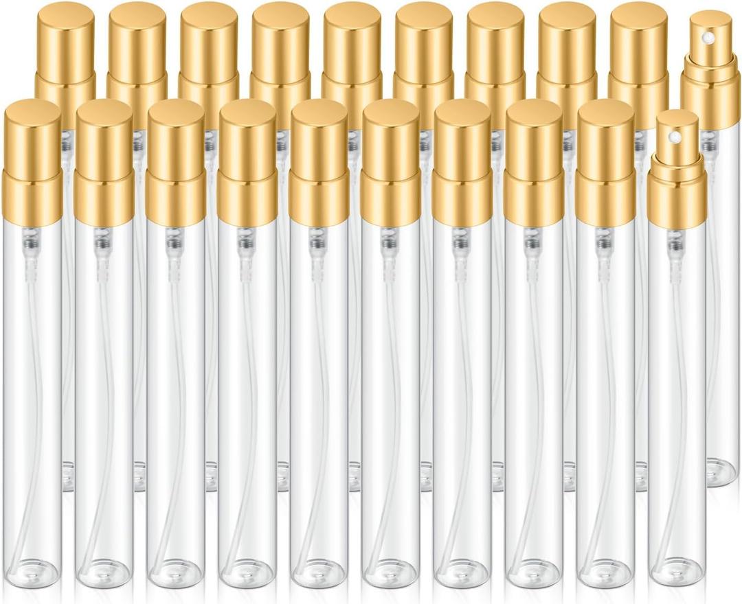 20Pcs 10ml Empty Clear Glass Mist Spray Bottle Refillable Mini Perfume Atomizer Travel Sample Bottle with Golden Aluminized Nozzle Makeup Container for Perfume (10ml Gold Caps)