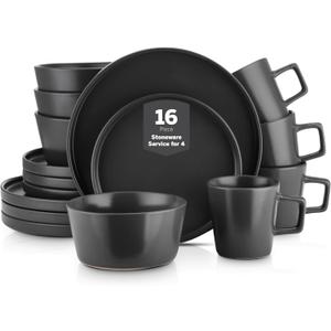 Stone Lain Celina Stoneware 16 Piece Dinnerware Set, Plates and Bowls, Black Matte Dish, Service for 4  Minimalist Round Style, Microwave & Dishwasher Safe