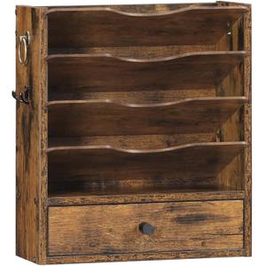 Wall File Organizer, Mail Organizer Wall Mounted, Wooden Mail Sorter, Construction Paper Holder with Drawer Storage and 2 Hooks, for Office, Classroom, Home, Greige BG14WF01