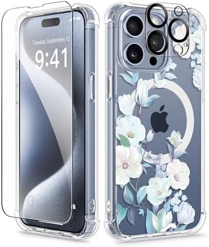 GVIEWIN Magnetic for iPhone 15 Pro Max Case with Screen Protector + Camera Protector, [Compatible with MagSafe] [10FT Drop Protection] Clear Floral Phone Cover Women for 15 ProMax (Hibiscus)