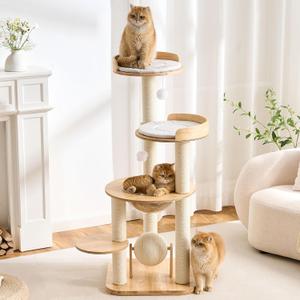 797Audio Modern Solid Wood Cat Tree Tower, 49" Tall Cat Tree with Sisal Scratching Posts for Adult Cats, Luxury Natural Oak Wooden Cat Tower,Aesthetic Multi-Level Cat Climbing Tree for Indoor Cat