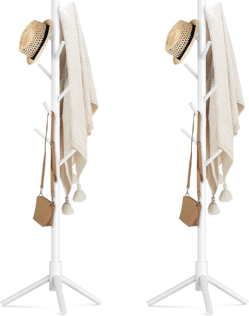 Haddockway Wooden Coat Rack Stand with 8 Hooks New Zealand Pine 3 Adjustable Coat Standing Tree Easy Assembly for Coats, Hats, Scarves and Handbags for Entryway, Hallway, Bedroom, Office,2 PCS (White)